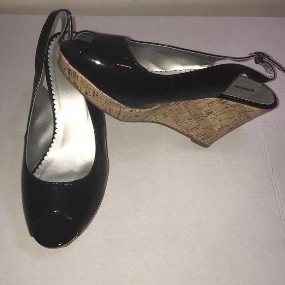 Avenue Black Slingback Open Toe Cork Wedge - Picture 1 of 7